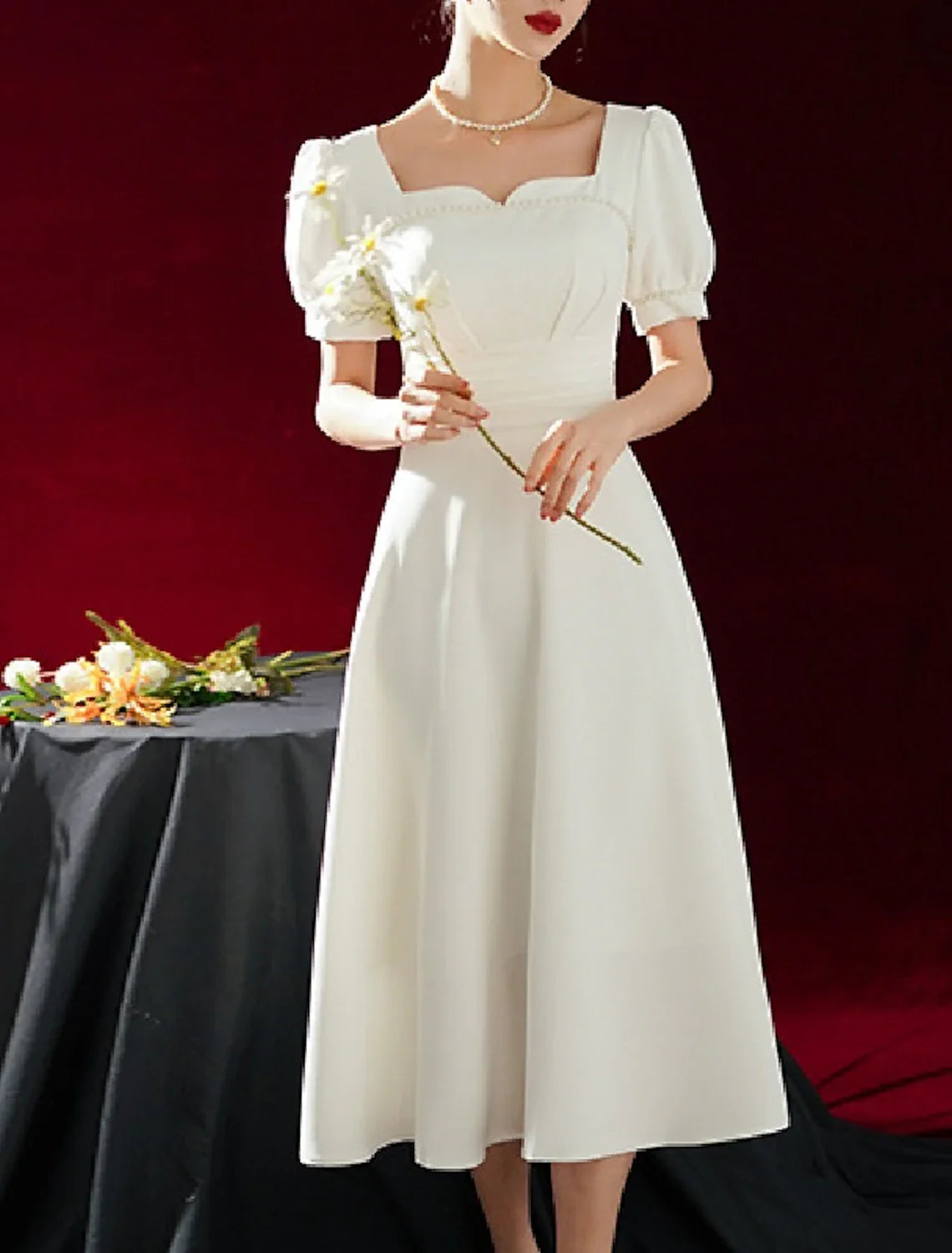 Reception Little White Dresses Wedding Dresses A-Line Sweetheart Short Sleeve Tea Length Stretch Fabric Bridal Gowns With Solid Color