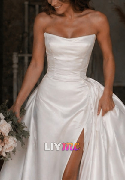 Strapless Satin Side Slit Sheath Wedding Dresss