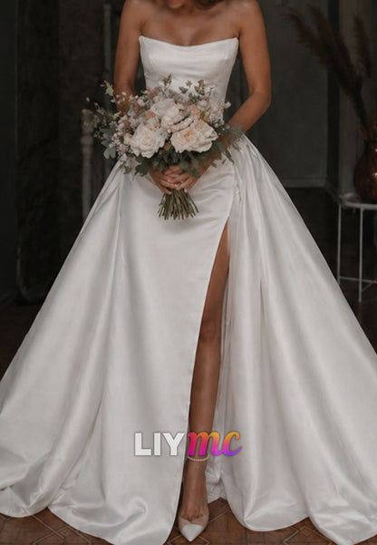 Strapless Satin Side Slit Sheath Wedding Dresss