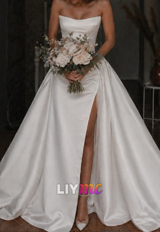 Strapless Satin Side Slit Sheath Wedding Dresss
