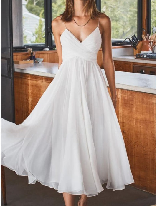 Simple Wedding Dresses Wedding Dresses A-Line V Neck Long Sleeve Tea Length Chiffon Bridal Gowns With Pleats