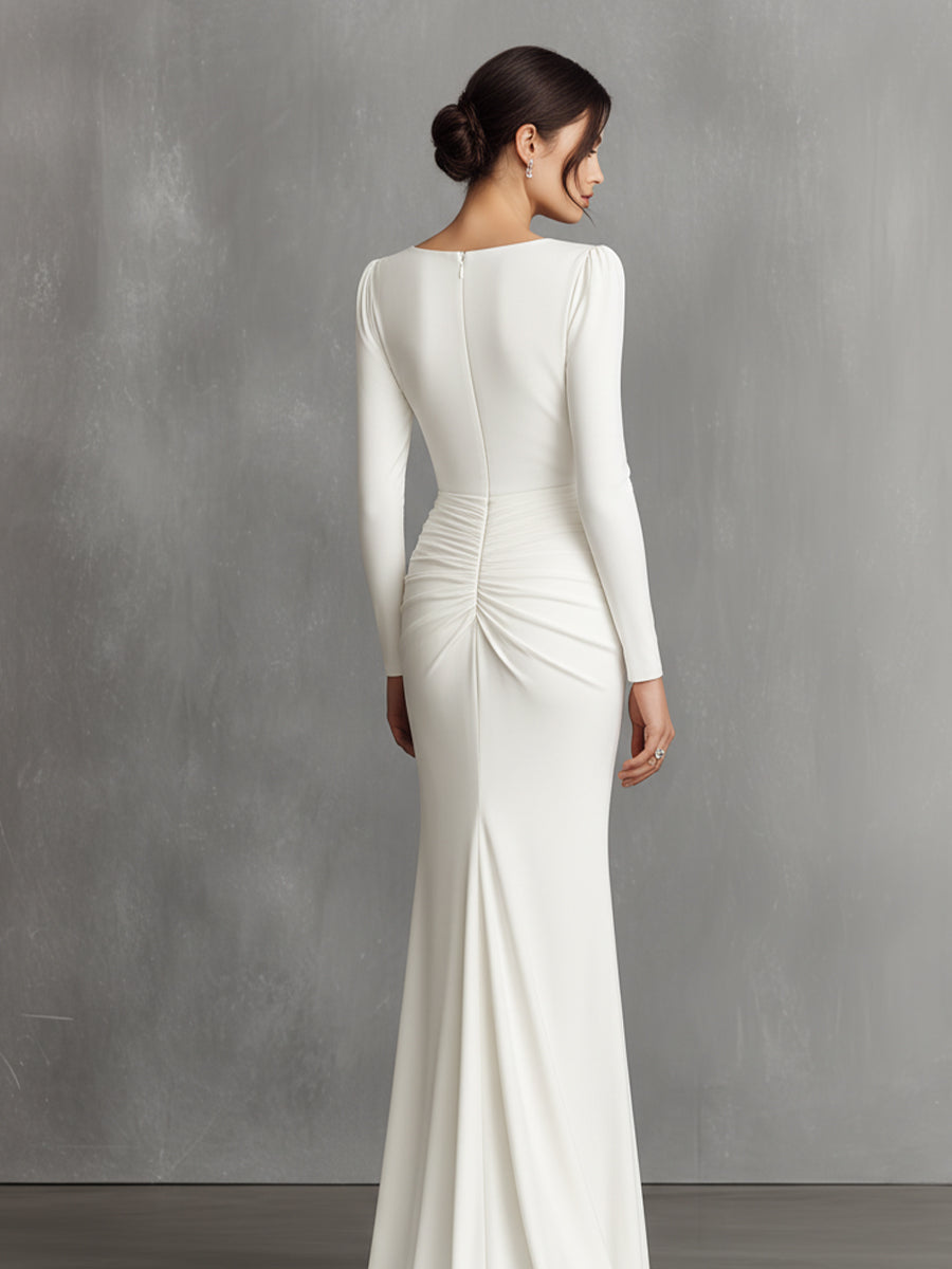 Women's White Elegant Satin Ruched Mermaid Maxi Dress