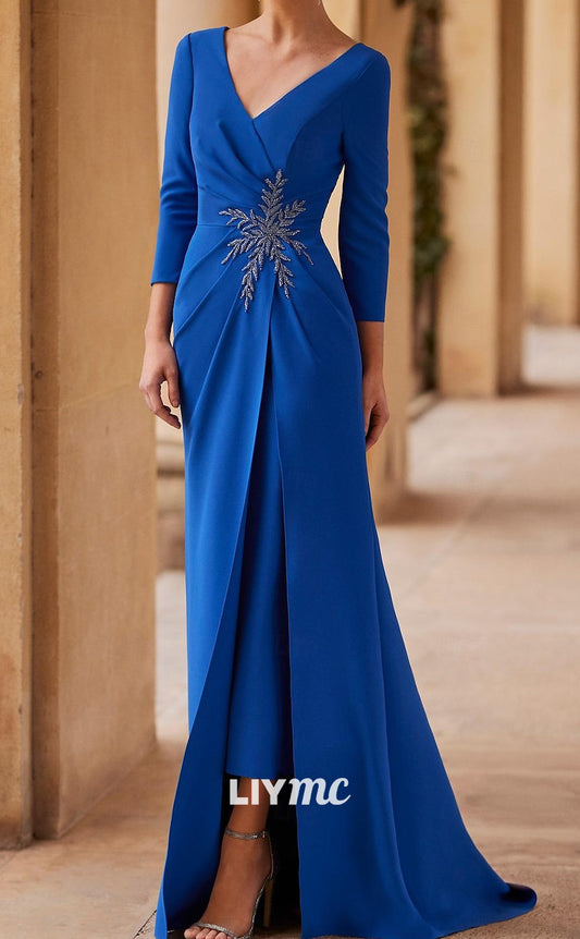 M1055 - Mother of the Bride Dress Elegant V Neck Sweep  Brush Train Chiffon Stretch Fabric 34 Length Sleeve with Beading