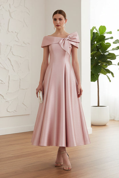 Off-Shoulder Bow Pink A-Line Mother of Bride Dress