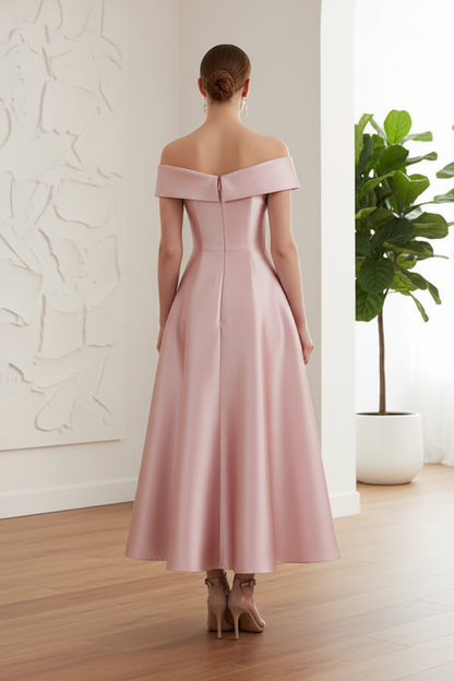 Off-Shoulder Bow Pink A-Line Mother of Bride Dress