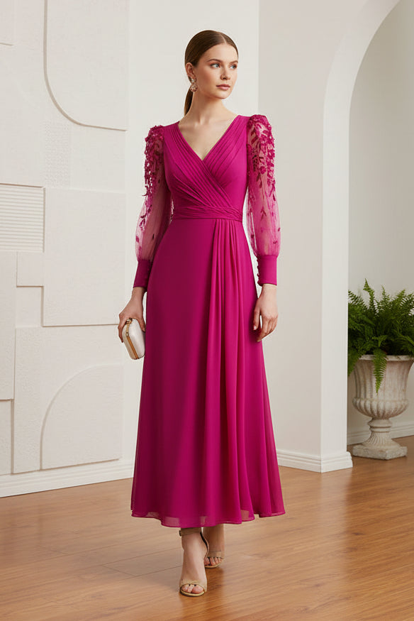 V-Neck Long Sleeves Pleated A-Line Mother of Bride Dress