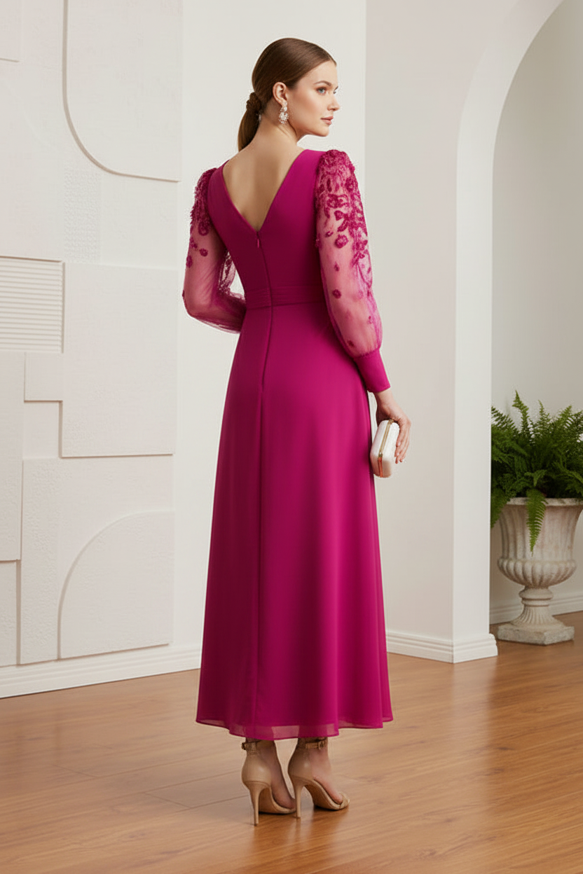 V-Neck Long Sleeves Pleated A-Line Mother of Bride Dress