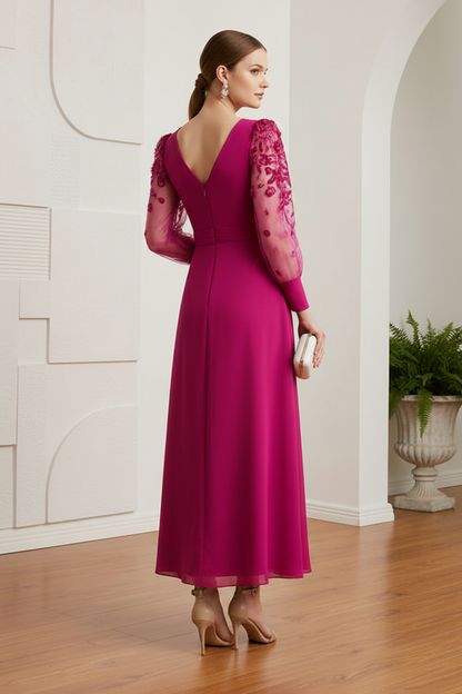 V-Neck Long Sleeves Pleated A-Line Mother of Bride Dress