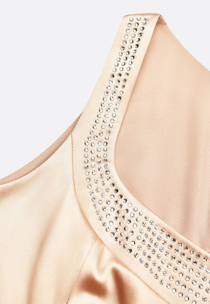 Champagne Hotfix Embellished Bow Satin Square Neck Sleeveless Sheath Midi Dress