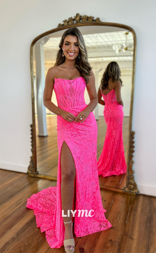 LP1222 - Sexy Semi-Sweetheart Appliques Sheath Party Evening Gown with Side Slit