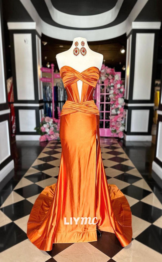 LP1224 - Sexy Orange Sweetheart Draped Satin Prom Evening Dress