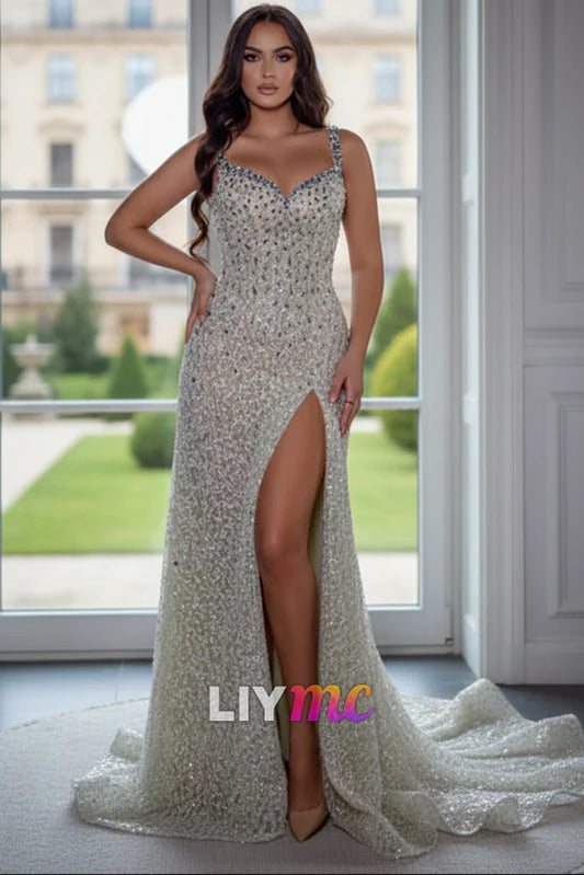 Sexy Glitter Sequined Mermaid Evening Dress Front Split Prom Dress with Beadings