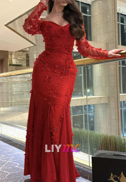 V-Neck Long Sleeves Floral Embellished Mermaid Prom Dress