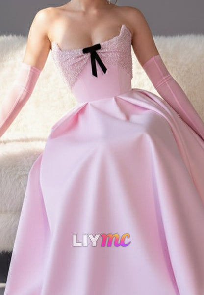 Square Strapless Satin A-Line Pink Prom Dress