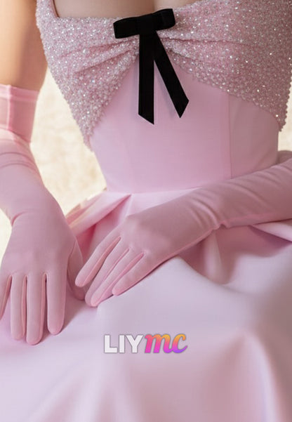 Square Strapless Satin A-Line Pink Prom Dress