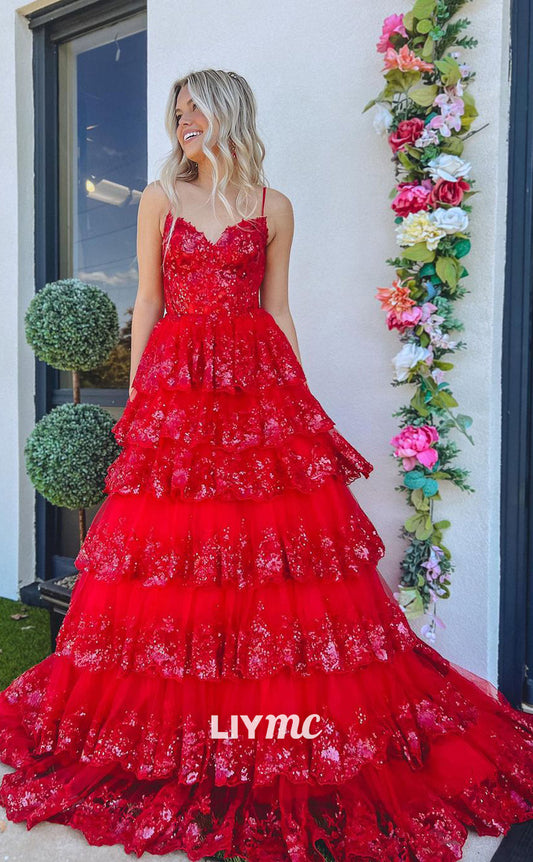 LP768 - Spaghetti Straps Sequins Appliques Red Long Formal Prom Dress