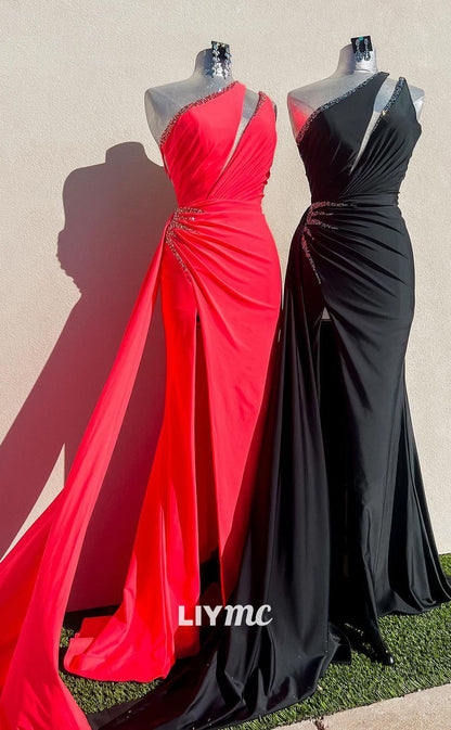 LP766 - One Shoulder Beads Mermaid Long Formal Prom Dress with Slit