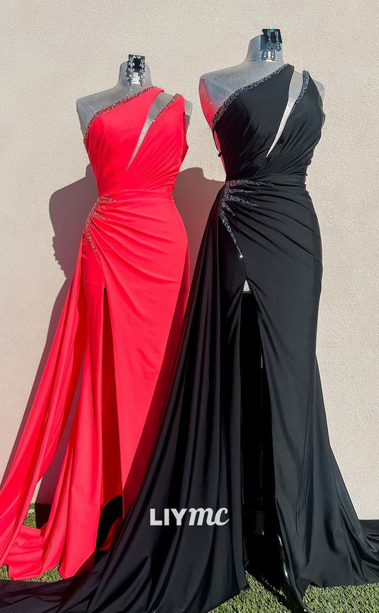 LP766 - One Shoulder Beads Mermaid Long Formal Prom Dress with Slit