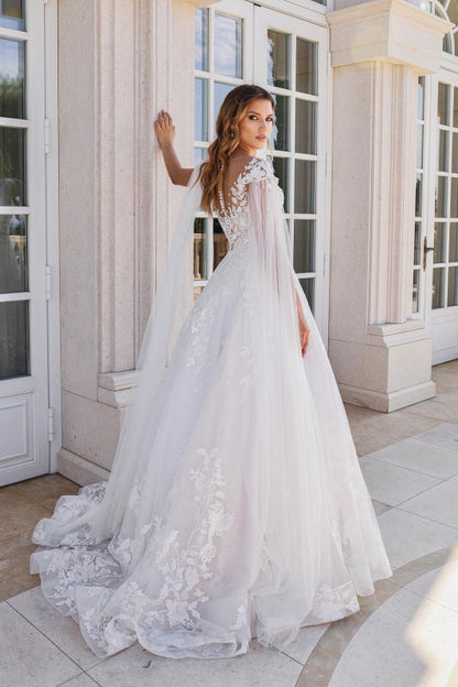 Simple Lace A-Line Wedding Dresses Sweetheart Tulle Appliques Bridal Dress with Cape