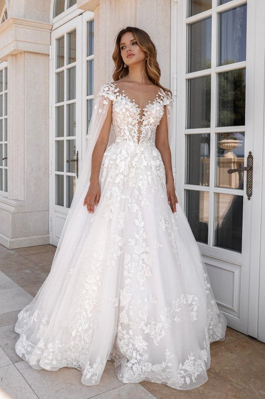 Simple Lace A-Line Wedding Dresses Sweetheart Tulle Appliques Bridal Dress with Cape