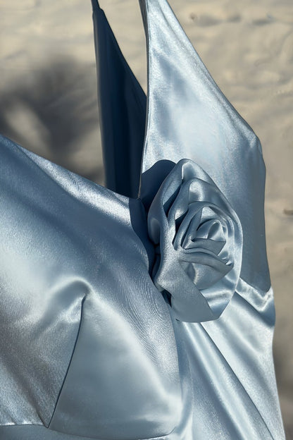 V Neck Sheath Satin Backless Long Formal Prom Dresses With Flower