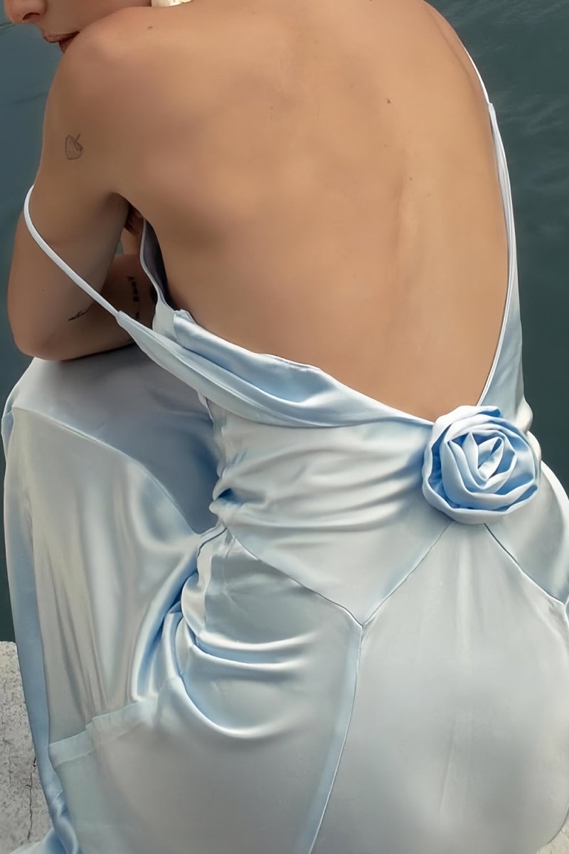 V Neck Sheath Satin Backless Long Formal Prom Dresses With Flower