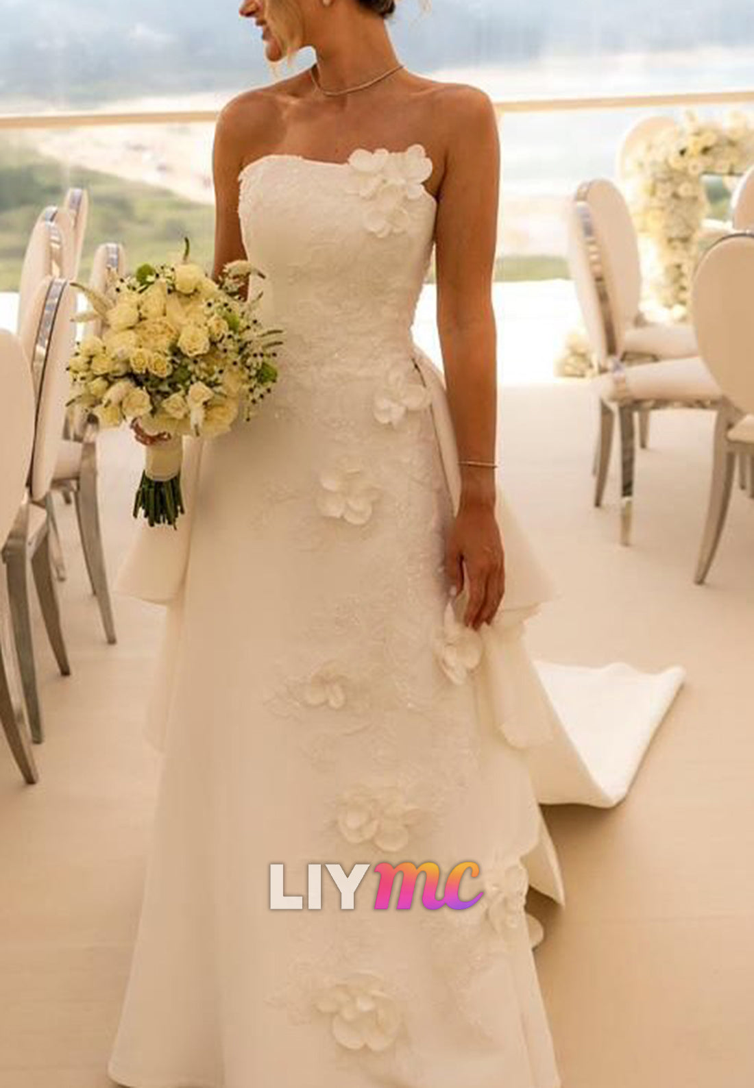 Straight Across Floral Embellished Sheath Wedding Dress