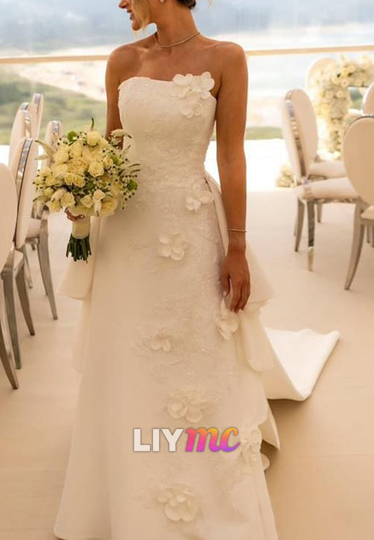 Straight Across Floral Embellished Sheath Wedding Dress