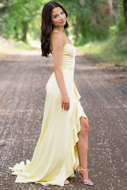 Yellow Spaghetti Straps Mermaid Satin Formal Prom Dress