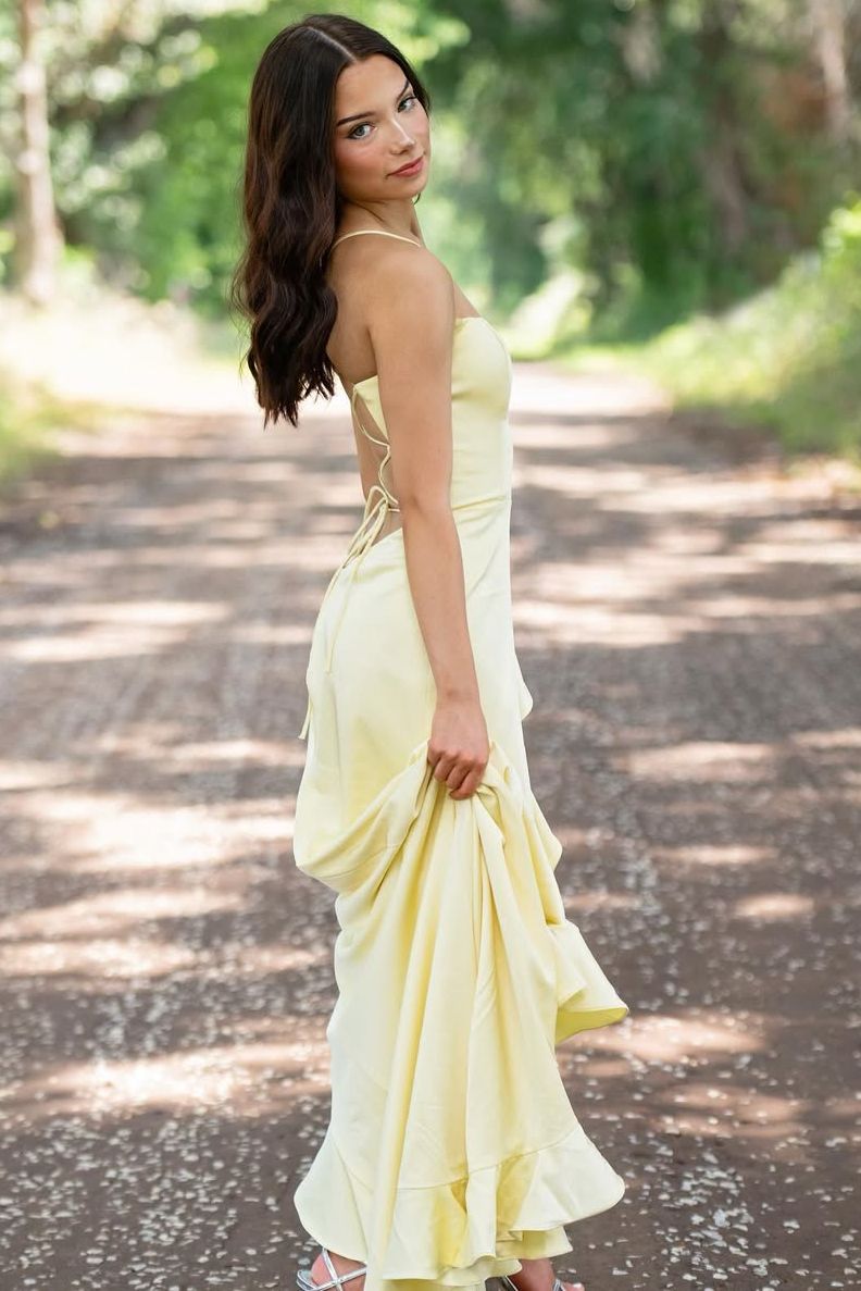 Yellow Spaghetti Straps Mermaid Satin Formal Prom Dress