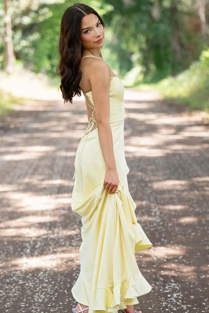 Yellow Spaghetti Straps Mermaid Satin Formal Prom Dress