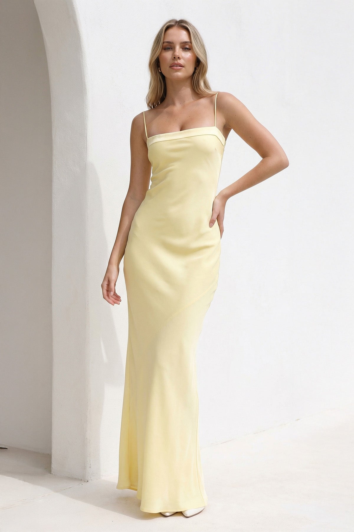 Spaghetti Straps Open Back Maxi Dress in Yellow
