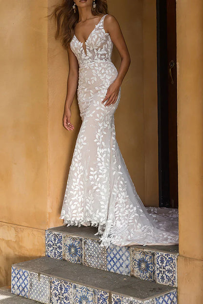 Sexy V-neck Full body Romantic Lace Fishtail Wedding Dress Bridal Dress