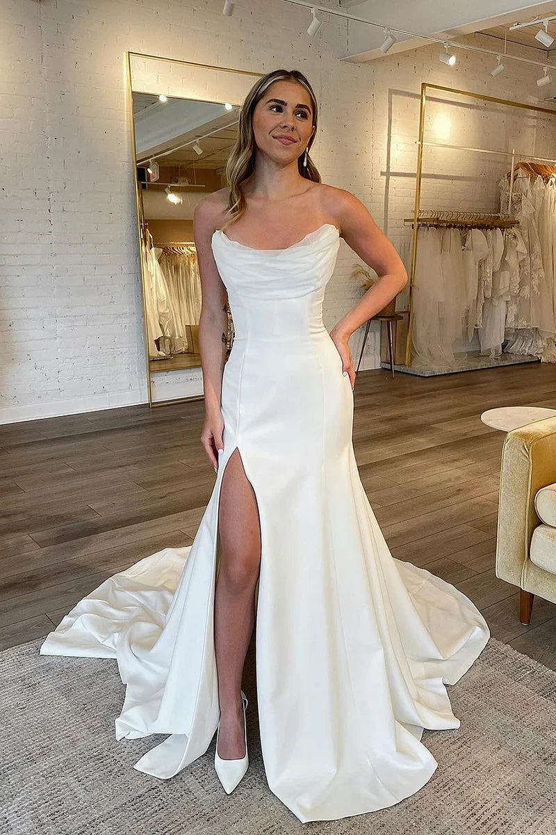 Mermaid/Trumpet Strapless Ivory Simple Split Wedding Dress