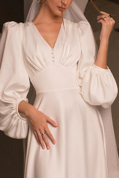 A-neck V-neck long sleeved satin minimalist drag on wedding dress
