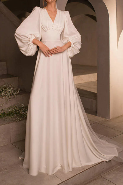 A-neck V-neck long sleeved satin minimalist drag on wedding dress