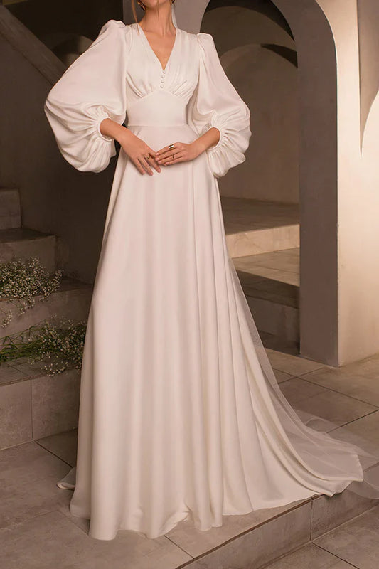 A-neck V-neck long sleeved satin minimalist drag on wedding dress