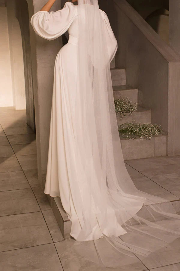A-neck V-neck long sleeved satin minimalist drag on wedding dress