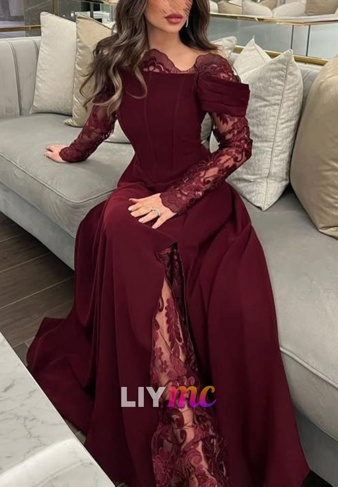 Off-Shoulder Long Sleeves Appliques A-Line Evening Dress