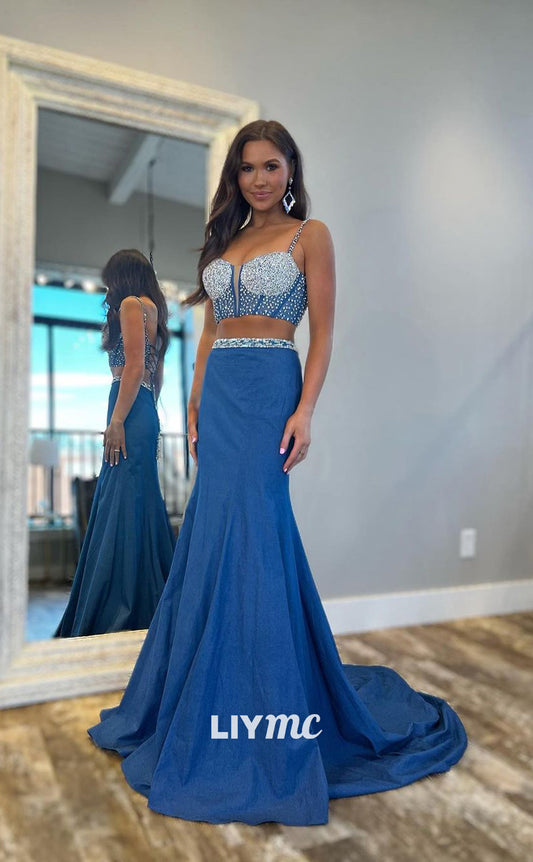 LP1216 - Sexy Blue Square Backless Beaded Two-Piece Prom Dresses