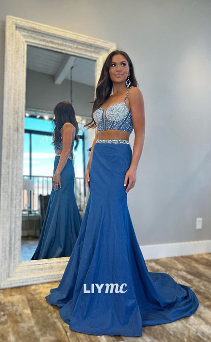 LP1216 - Sexy Blue Square Backless Beaded Two-Piece Prom Dresses