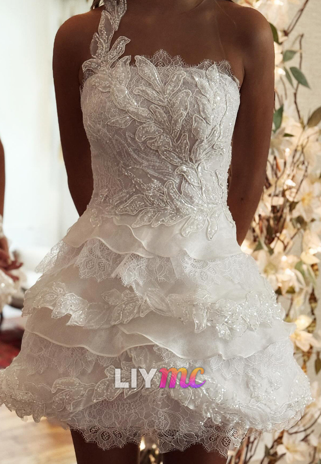 Asymmetrical Appliques Tiered A-Line Short Wedding Dress