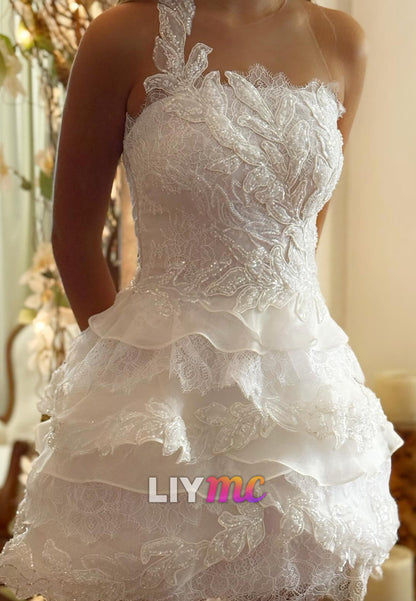 Asymmetrical Appliques Tiered A-Line Short Wedding Dress