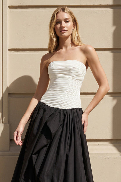 Strapless Pleated Gown in Black and White