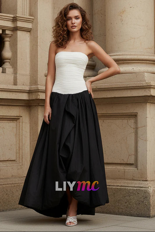 Strapless Pleated Gown in Black and White