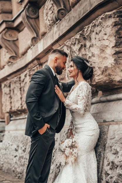 Stylish White Floral Lace Mermaid Bridal Dresses Long Sleeves V-Neck Spring Wedding Dress