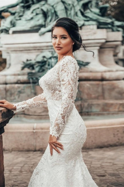 Stylish White Floral Lace Mermaid Bridal Dresses Long Sleeves V-Neck Spring Wedding Dress