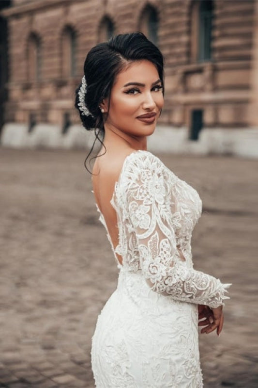 Stylish White Floral Lace Mermaid Bridal Dresses Long Sleeves V-Neck Spring Wedding Dress