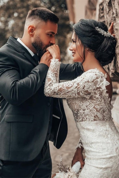 Stylish White Floral Lace Mermaid Bridal Dresses Long Sleeves V-Neck Spring Wedding Dress