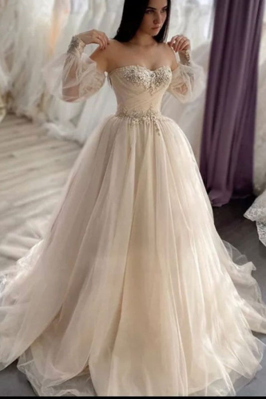 Sweetheart Romantic Lace A-Line Wedding Dress Long Sleeve with Crystal Tulle